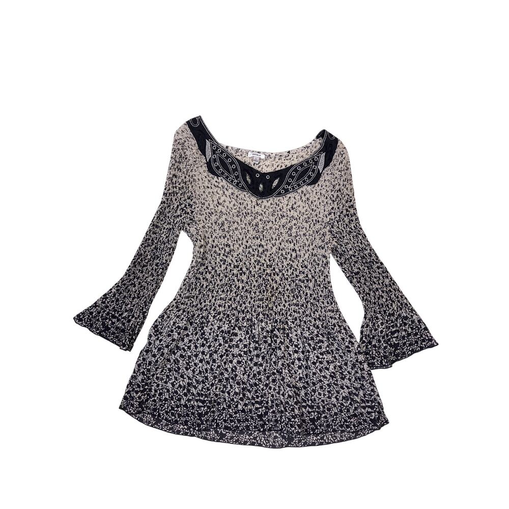 Y2K Embroidered Collar Stretch Top Black &‎ White Ombre Flared Sleeves Women’s L